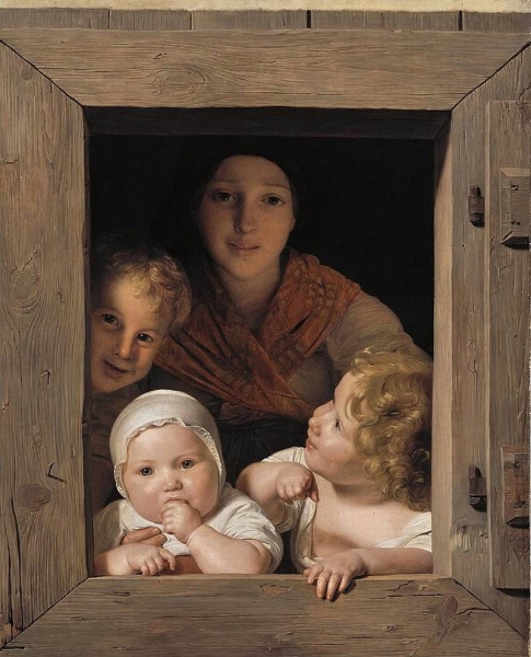Ferdinand-Georg-Waldmuller-Young-Peasant-Woman-with-Three-Children-at-the-Window-1840